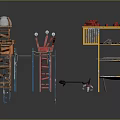 Industrial Scaffolding Structure With Red Tools Yellow Tool Shelf And Metal Workbench