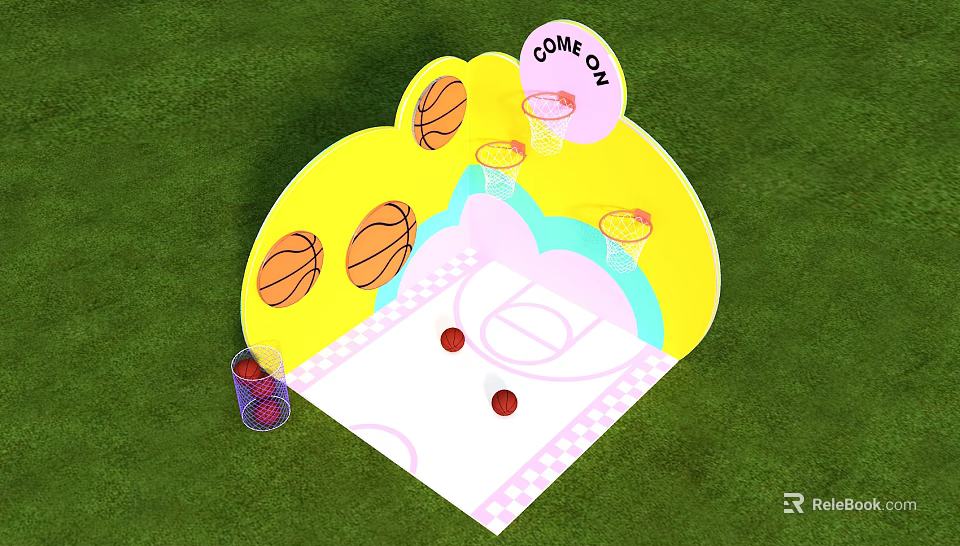 Interactive Play Area With Basketball Hoops Red Balls And Come On Sign On Green Grass 3d model 