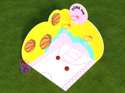Interactive Play Area With Basketball Hoops Red Balls And Come On Sign On Green Grass 3d model