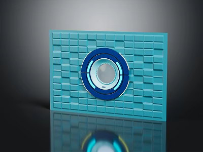 Blue Brick Wall Decorated With Circular Blue Device And Glowing Center 3d model