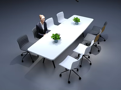 White Conference Table With Green Plants And Chairs In Modern Meeting Room 3d model