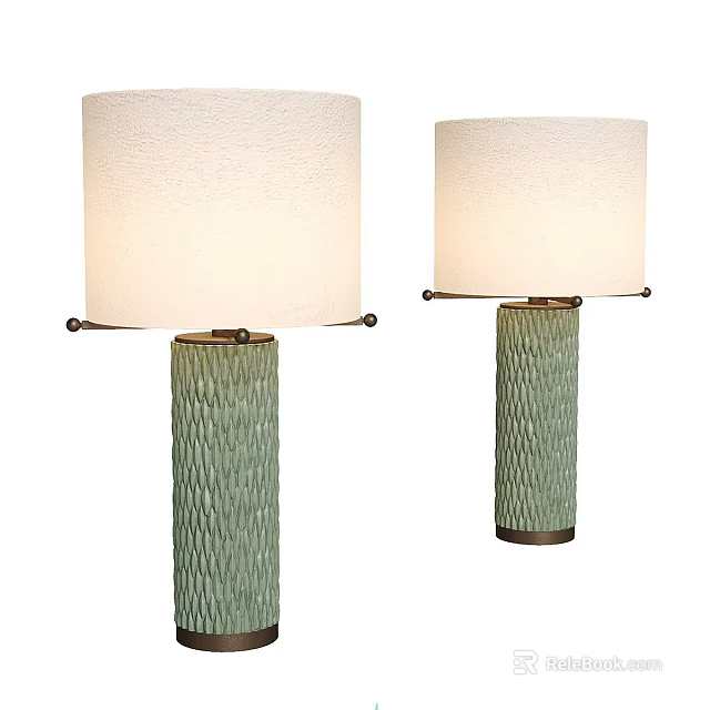 Pair of Green Textured Base Table Lamps with White Lampshades and Metal Accents 3d model 