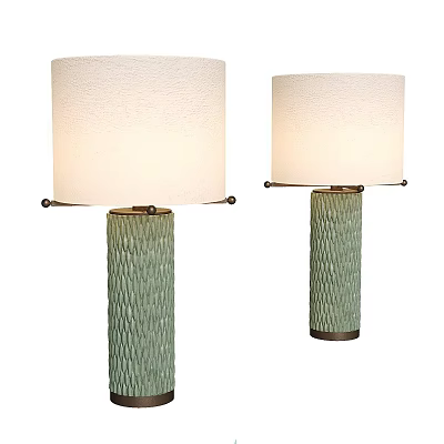 Pair of Green Textured Base Table Lamps with White Lampshades and Metal Accents 3d model