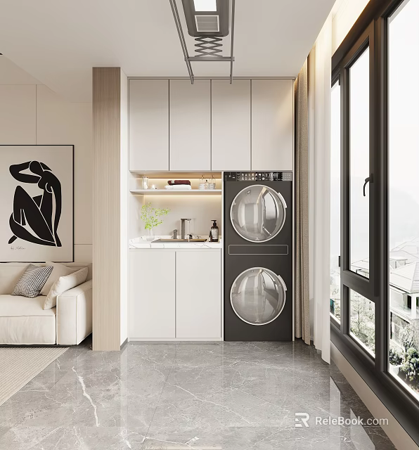 Modern Home Balcony With White Cabinets Double Stack Washing Machine And Large Windows 3d model