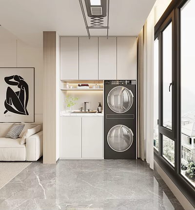 Modern Home Balcony With White Cabinets Double Stack Washing Machine And Large Windows 3d model