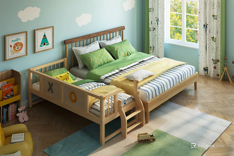 Wooden Double Bed With Green Pillows Striped Sheets Kids Slide Light Blue Cloud Wall 3d model 