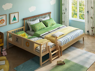 Wooden Double Bed With Green Pillows Striped Sheets Kids Slide Light Blue Cloud Wall 3d model