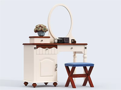 White And Brown Dressing Table With Oval Mirror Flower Vase And Blue Stool 3d model