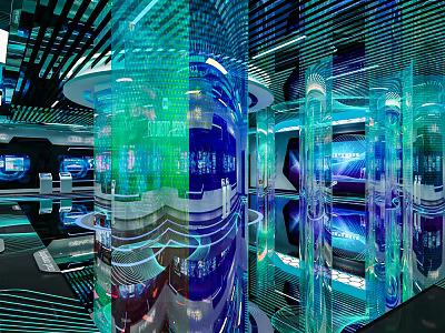 Futuristic Hi Tech Exhibition Hall With Illuminated Columns And Dynamic Light Patterns 3d model
