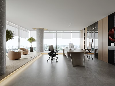 Modern Spacious Office Interior With Large Windows Office Desk Chairs And Lounge Area 3d model