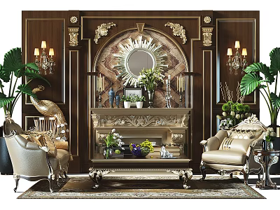 Luxurious TV Background Wall With Marble Panel Gold Accents Ornate Carvings And Mirrored Centerpiece 3d model