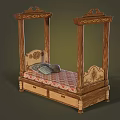 Classic Wooden Four Poster Single Bed With Carved Headboard Pink Checkered Mattress And Decorative Pillows
