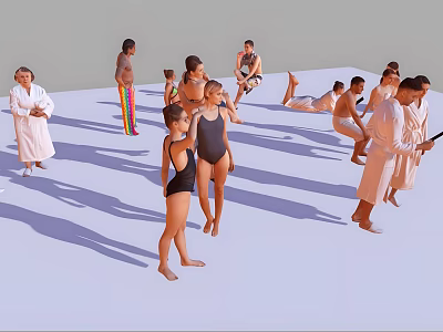 Group of People in Robes and Swimsuits Practicing Stretching Moves in Bright Studio Space 3d model
