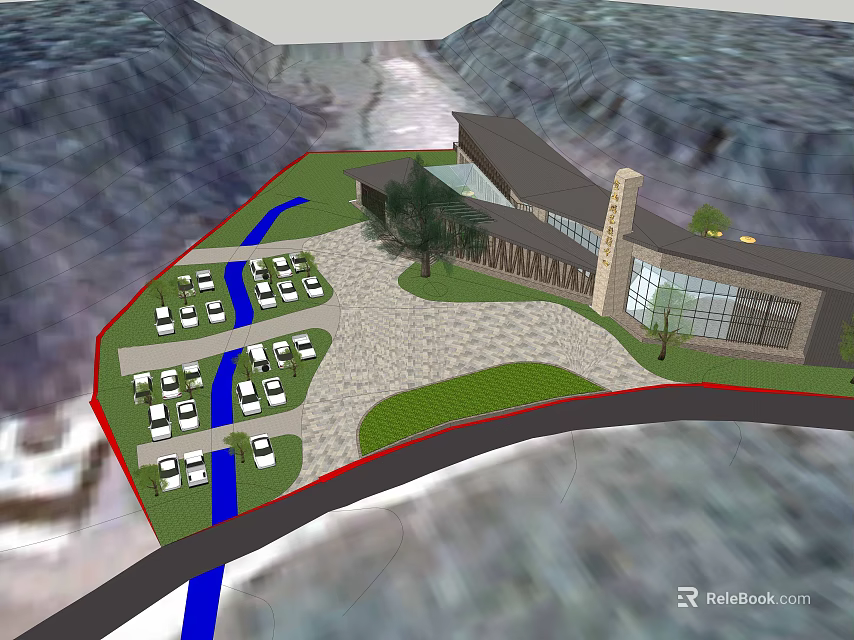 Scenic Mountain Visitor Center With Green Lawns Trees And Parking Area 3d model 