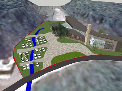 Scenic Mountain Visitor Center With Green Lawns Trees And Parking Area 3d model