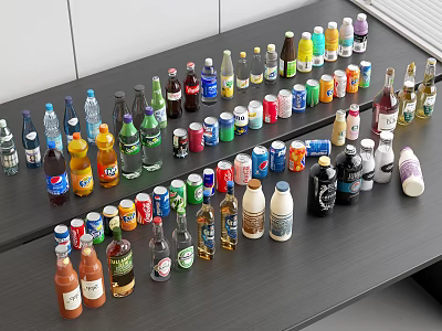 Various Beverage Bottles Neatly Arranged On Black Table With Different Colors And Sizes 3d model