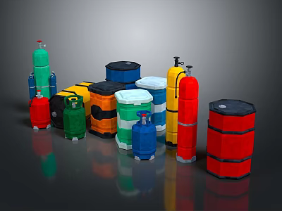 Colorful Industrial Storage Equipment With Cylindrical Drums And Gas Cylinders In Various Colors 3d model