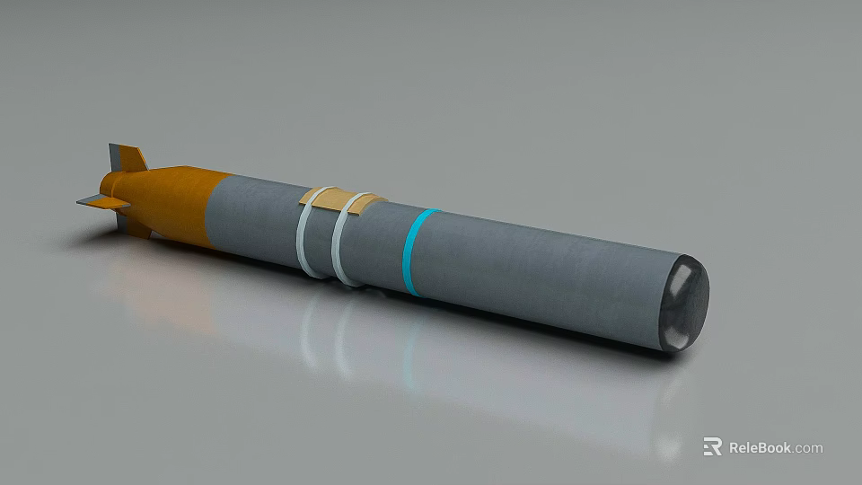 3D Model of Gray Missile Weapon With Orange Blue Stripes and White Rings 3d model 