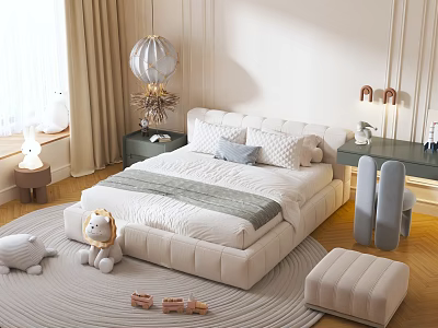 Cozy Double Bed Bedroom Interior With Stuffed Lion Toy Soft Rug And Padded Ottoman 3d model