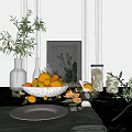 Elegant Decorative Ornament Set With Olive Branches Oranges Glass Vases Picture Frame On Marble Countertop