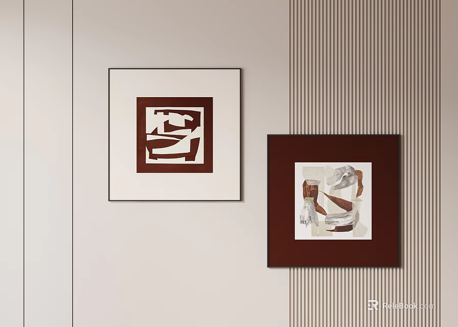 Two Abstract Paintings With Geometric Patterns And Abstract Forms Hung On Wall For Interior Decoration 3d model