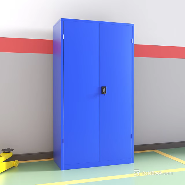 Blue Public Facility Storage Cabinet With Lockable Doors Against Gray Red Wall 3d model 