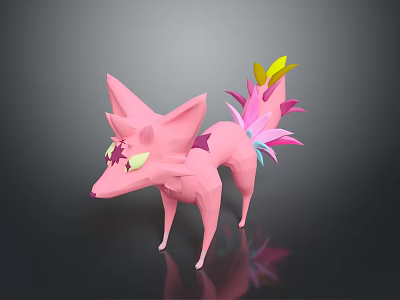 Game Movie Character Pink Fox Low Poly Design Colorful Tail Yellow Pink Purple 3d model