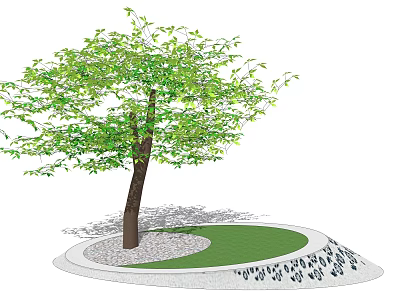 Circular Tree Pit Design with Green Leaves Grass Stones and White Border 3d model