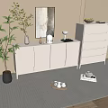 Modern White Console Cabinet And Side Cabinet With Decorative Items Potted Plant And Striped Rug