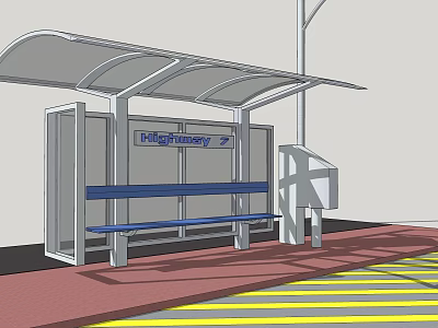 Modern Bus Stop With Shelter Blue Bench Information Board And Zebra Crossing 3d model