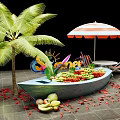 Summer Themed Fruit Boat Display With Palm Tree Umbrella And Lounge Chairs