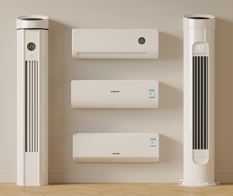 Various White Air Conditioners and Fans Mounted on Wall for Home Cooling 3d model 