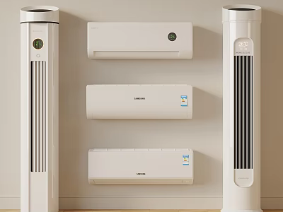 Various White Air Conditioners and Fans Mounted on Wall for Home Cooling 3d model