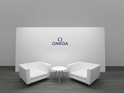 White Armchairs And Small Round Table Set With OMEGA Logo Backdrop 3d model