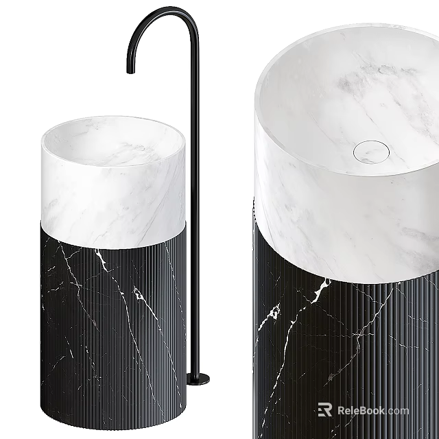 Contemporary Black And White Marble Pedestal Washbasin With Sleek Black Faucet Design 3d model 