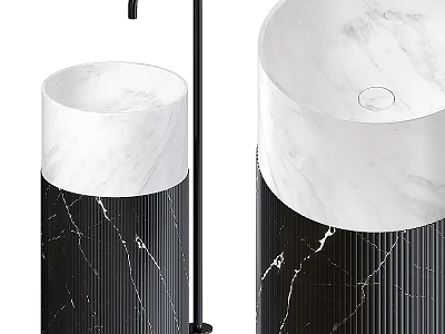 Contemporary Black And White Marble Pedestal Washbasin With Sleek Black Faucet Design 3d model