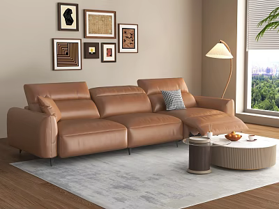 Brown Leather Two Seater Sofa In Modern Living Room With Wall Art And Floor Lamp 3d model