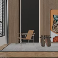 Stylish Modern Lounge Chair With Metal Frame In Contemporary Living Room Near Abstract Artwork And Decorative Vases