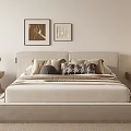 Modern Minimalist White Beige Bedroom Interior With Bed Nightstand Artwork Pendant Light Wardrobe Carpet Window