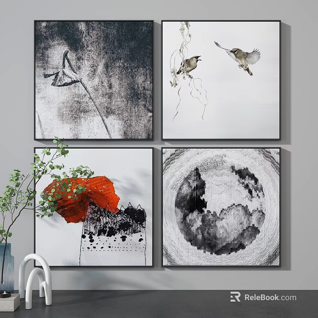 Four Piece Decorative Wall Art With Red Poppy Birds And Ink Painting Design 3d model 