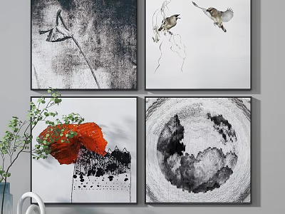 Four Piece Decorative Wall Art With Red Poppy Birds And Ink Painting Design 3d model