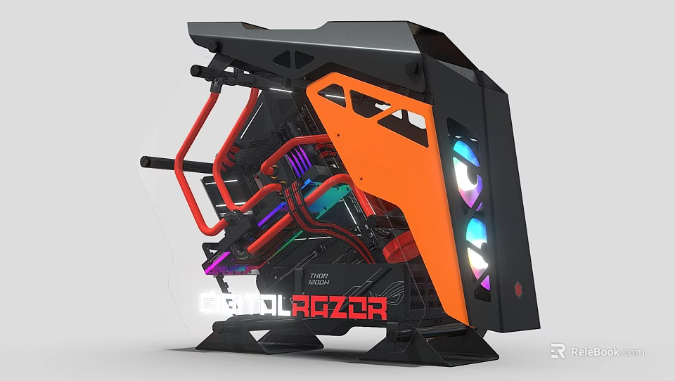 Custom Gaming PC Case With Transparent Side Panel Colorful Cooling Tubes And Orange Front Panel 3d model 