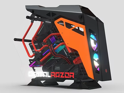 Custom Gaming PC Case With Transparent Side Panel Colorful Cooling Tubes And Orange Front Panel 3d model