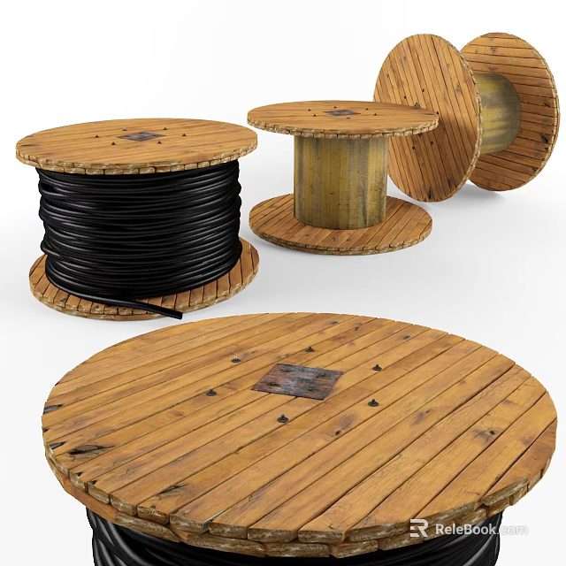 Wooden Cable Reels With Black Coiled Cable And Round Wooden Discs 3d model 
