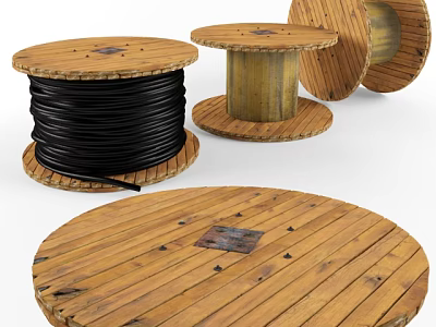 Wooden Cable Reels With Black Coiled Cable And Round Wooden Discs 3d model