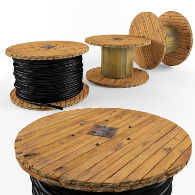 Wooden Cable Reels With Black Coiled Cable And Round Wooden Discs 3d model