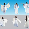 Group of Women in Blue and White Flowing Traditional Costumes Dancing and Holding Musical Instruments