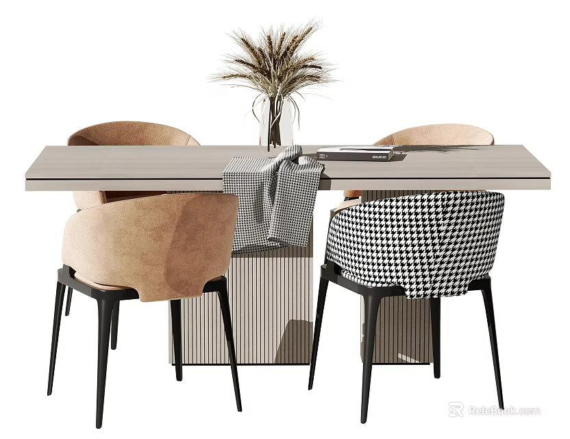 Modern Rectangular Dining Table Set With Beige Houndstooth Chairs And Dried Pampas Grass Vase 3d model