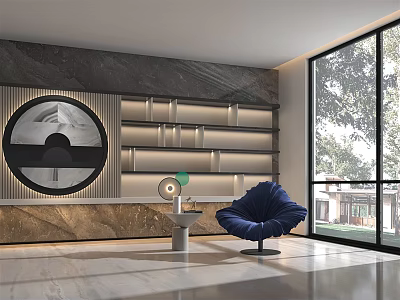 Blue Modern Leisure Chair In Spacious Interior With Large Window And Decorative Wall 3d model