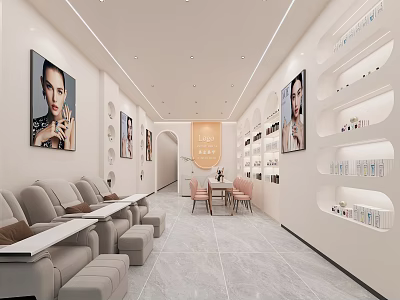Modern Beauty Salon Interior With Styling Chairs Ceiling Lights Product Shelves And Wall Posters 3d model